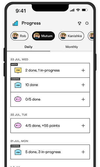Parent app interface showing progress tracking