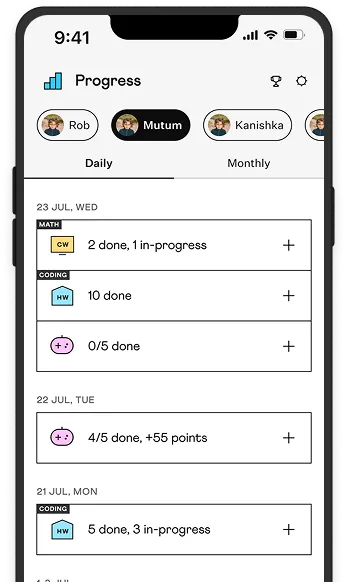 Parent app interface showing progress tracking